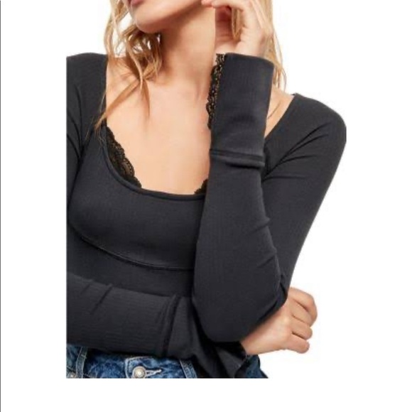Free People We the People Boho Black Lace Top Long Sleeve Blouse* Size Medium - Picture 3 of 9